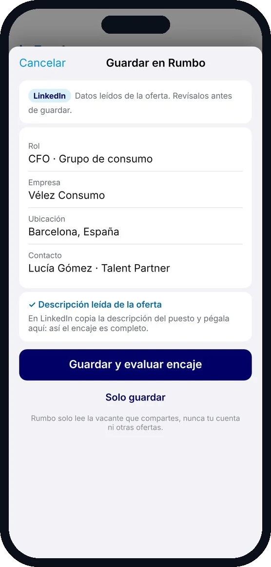 Hoja Guardar en Rumbo al compartir desde LinkedIn