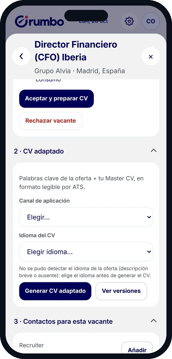 Pantalla de CV adaptado con canal e idioma