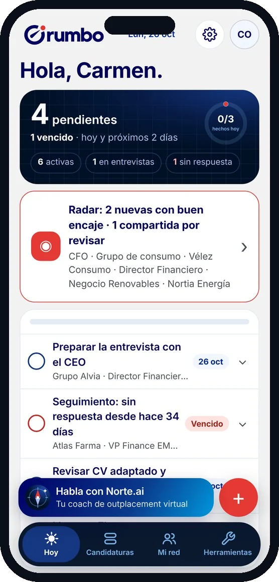 Pantalla Hoy de Rumbo con pendientes y aviso del Radar