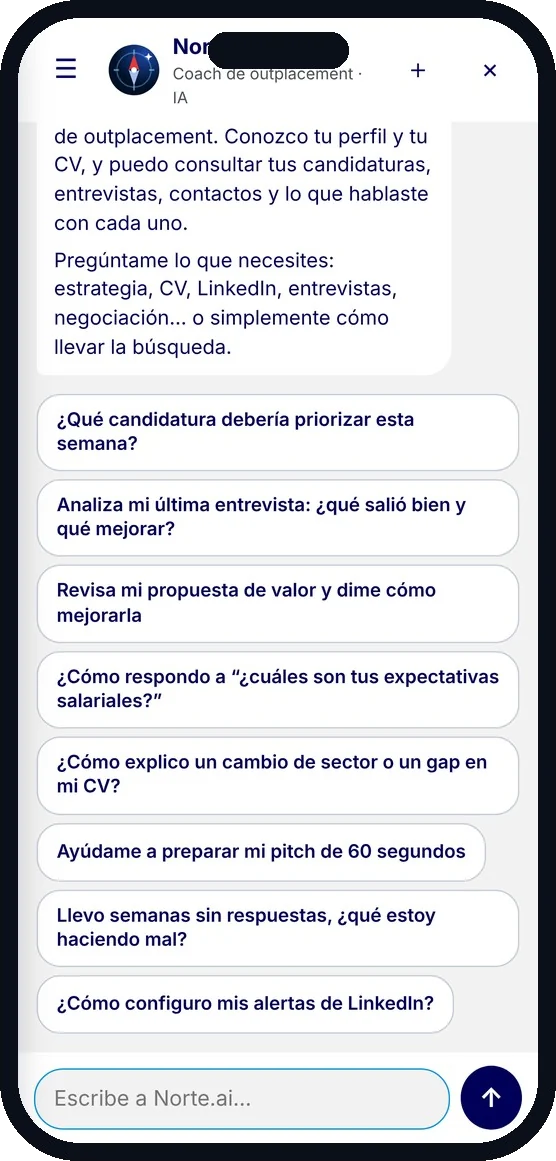 Chat con Norte, el coach de outplacement con IA