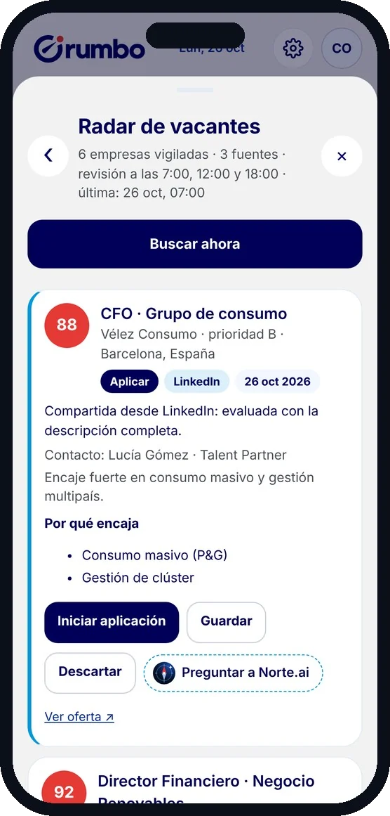 Pantalla Radar de vacantes de Rumbo