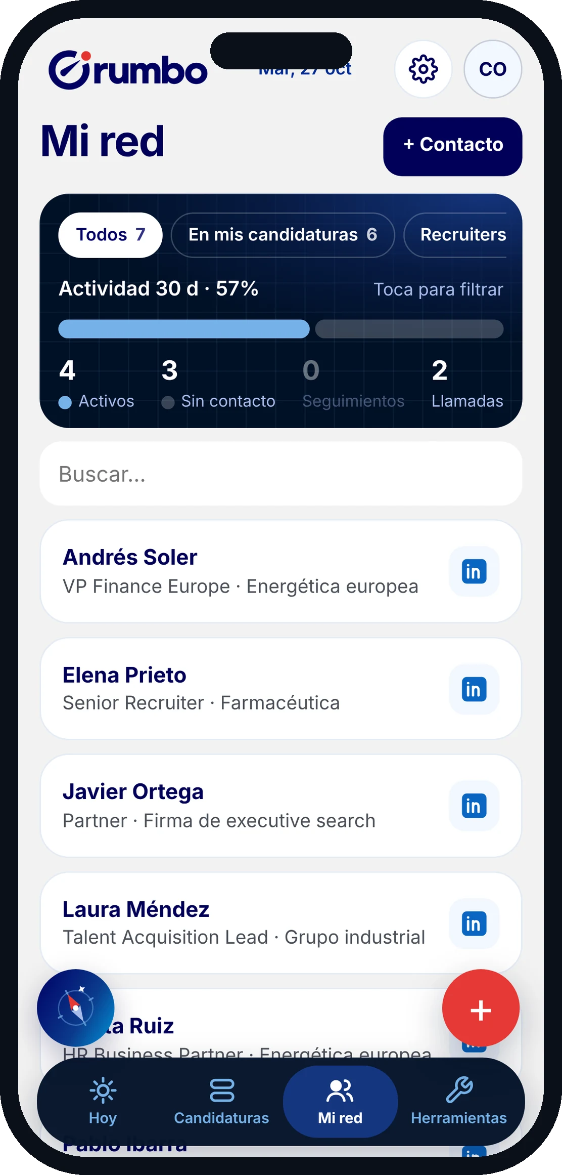 Mi red: actividad de los últimos 30 días y lista de contactos con su cargo y empresa